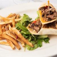 Sirloin Steak Wrap · Grilled red peppers, mushrooms, caramelized onions & cheddar cheese.