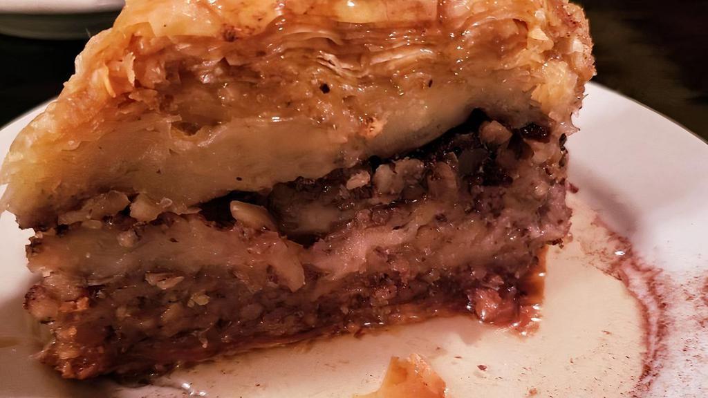 Baklava · Layered phyllo with chopped nuts.