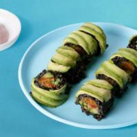 Spring Roll · Mango, asparagus, cucumber with rice wrapped in nori and topped with avocado.