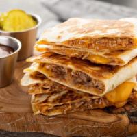 Crispy Chicken Quesadilla · Grilled tortilla filled with breaded chicken, cheddar cheese, and pepper jack cheese.