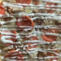 Chicken Bacon Ranch Pizza · White cream sauce, mozzarella, chicken, bacon, and ranch. That's a freaking good pizza.