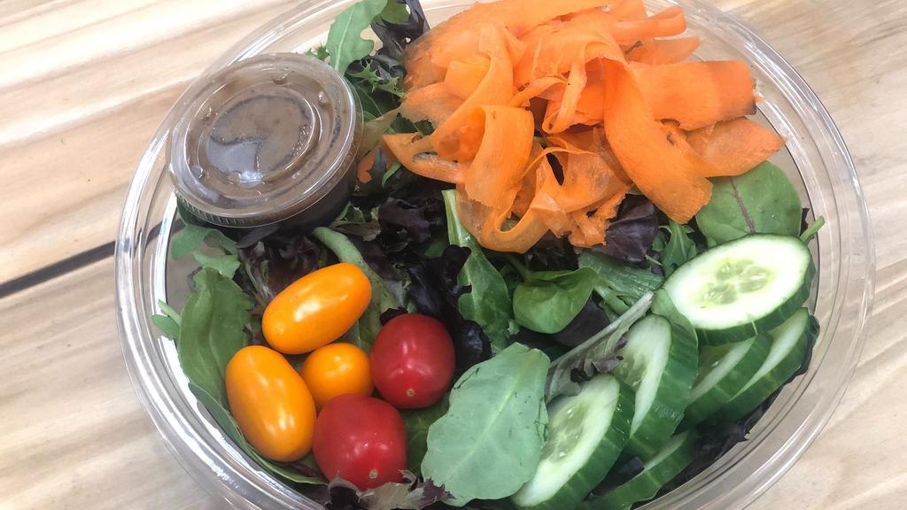 Sq House Salad · Mix greens, cherry tomatoes, cucumbers, carrots, balsamic.