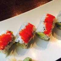 King Crab Roll · Spicy king crab, avocado, cucumber with tobiko outside.