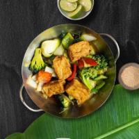 Steamed Vegetables With Tofu And Mushrooms · Freshly steamed vegetables with tofu and mushrooms.