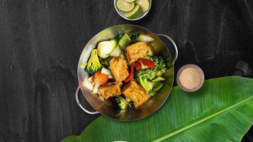 Steamed Vegetables With Tofu And Mushrooms · Freshly steamed vegetables with tofu and mushrooms.