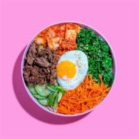 Bulgogi Bibimbap · Beef bulgogi with white rice, kimchi, shredded carrots, cucumber, scallions, sesame seeds, f...