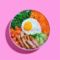 Chicken Bibimbap · Marinated chicken with white rice, kimchi, shredded carrots, cucumber, scallions, sesame see...