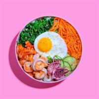 Seafood Bibimbap · Shrimp and squid with white rice, kimchi, shredded carrots, cucumber, scallions, sesame seed...