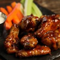 Teriyaki · 8 teriyaki smoked and grilled wings* (mild heat), and a choice of blue cheese, classic ranch...