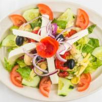 Antonino'S House Salad · romaine lettuce, tomato, cucumber, red onions, olives, fresh mozzarella, roasted peppers, ar...