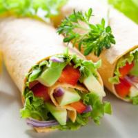 I Love Veggie Wrap · Delicious Wrap made with Avocado, sprouts, carrots, cucumber and baby spinach with hummus sp...