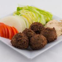 Falafel Plate · 5 pieces. Chickpeas, parsley, onions, and garlic mashed and lightly deep-fried. Served with ...