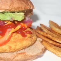The Veganator Burger · (Tomatoes, anacados, & Onions/w kashai fries) Vitamin C, Zinc, Copper, Antioxidants, Iron, A...