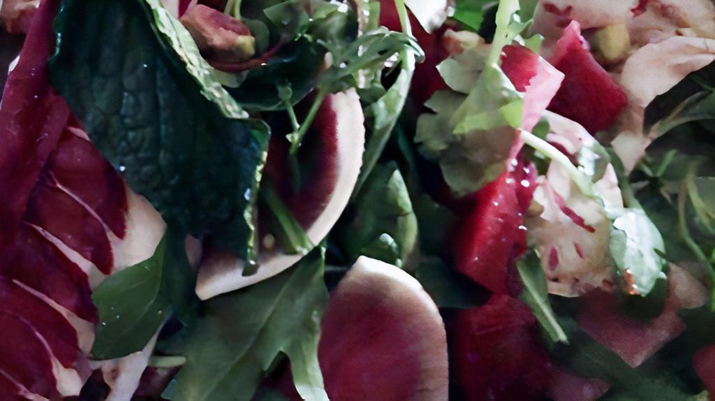 Baby Greens & Endive Salad · Crispy Chickpeas | Shaved Fennel | Dates | Tahini Dressing (vegan, gf)
