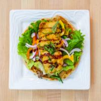 Veggie Bing · Crunchy scallion pancake wrapped with assorted fresh vegetables and fried zucchini topped wi...