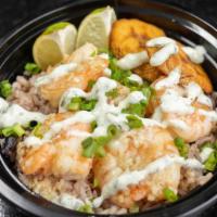 El Camarón · Shrimp in Garlic Sauce,  Black Bean Rice, Sweet Plantains Topped With Scallions & Cilantro L...