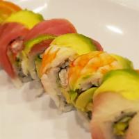 Rainbow Roll · Assorted fish on top of California roll.