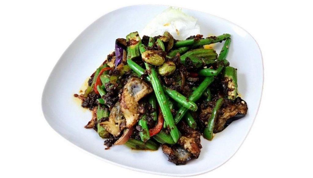 Four Of A Kind Belacan 四大天王 · Spicy. Okra, string beans, eggplant and sato stink bean sautéed in famous authentic spicy Malaysian shrimp paste sambal. Served with rice.