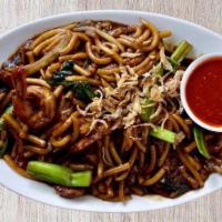 Kl Hokkien Char Mee 福建炒面 · Famous stir-fry hokkien thick egg noodles in rich aromatic dark soy sauce with shrimp, pork,...