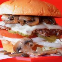 Bud'S Mushroom Swiss Cheeseburger · Juicy grilled beef burger smashed to perfection on a toasted potato bun with swiss cheese, g...