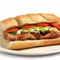 Buffalo Chicken Steak Sandwich · Grilled chicken with buffalo sauce, American cheese, onions, peppers and cheese.