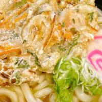 Vegetable Kakiage Udon · Deep fried mixed vegetable tempura with udon noodle soup