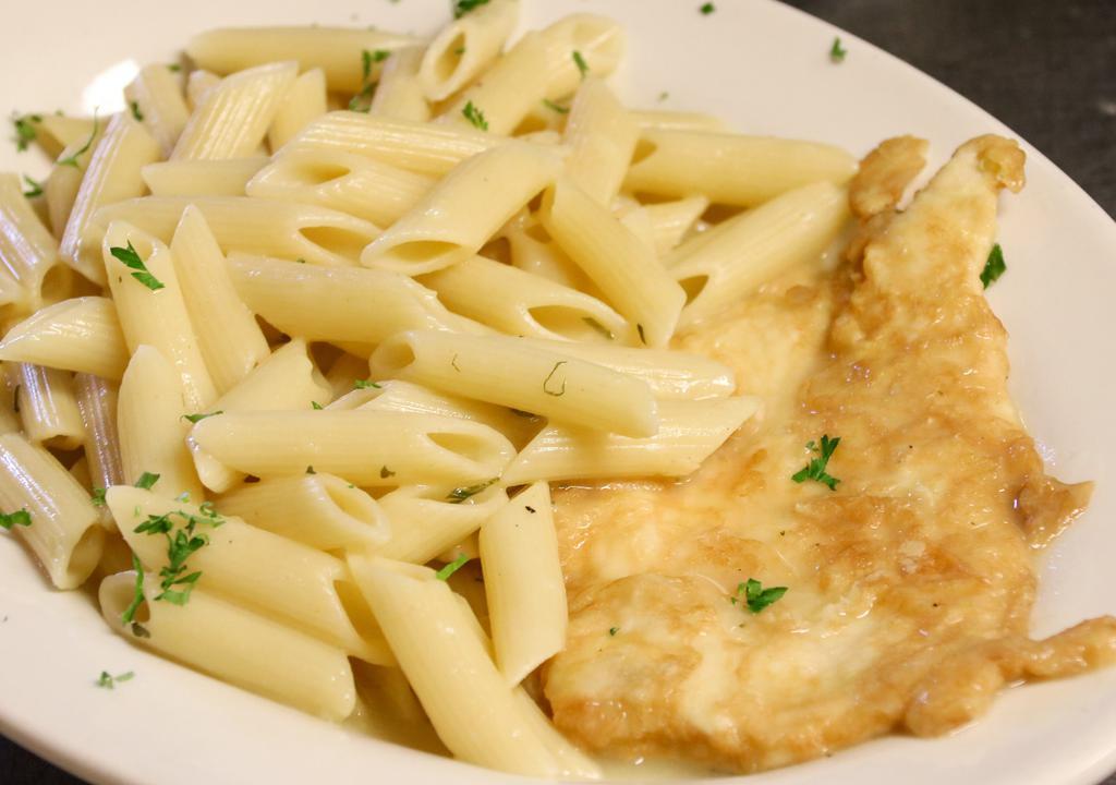 Chicken Francese · Choice of pasta or sautéed vegetables.