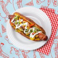 The Street Dog · Bacon wrapped hot dog topped with sauteed onions and peppers, sour cream, and sliced scallio...