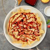 Bbq Sizzle Chicken Fries · Sweet grilled onions, melted cheese, chicken, and BBQ sauce topped on Idaho potato fries.