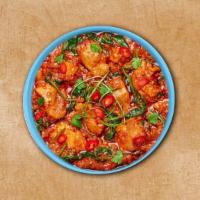 Vindaloo Chicken  · Fiery red Indian curry dish of tender chicken pieces cooked in vindaloo sauce made from cara...