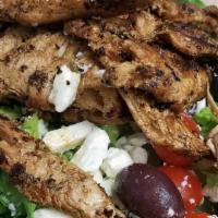 S6 -Greek Grilled Chicken Salad · GRILLED CHICKEN, RED ONION, OLIVES, TOMATOES, AND FETA CHEESE.. ALL OUR SALADS ARE SERVED WI...