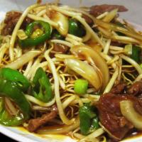 Beef Onion Hot Pepper Sauce California Noodle · Spicy. With hot pepper sauce over California noodle.