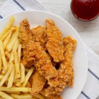 Honey Bbq Chicken Tender Basket With Fries · Delicious chicken tenders, tossed in Honey BBQ sauce, and fried to perfection. Served on a b...