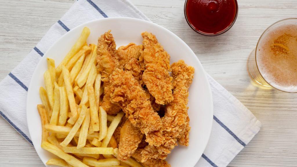 Honey Bbq Chicken Tender Basket With Fries · Delicious chicken tenders, tossed in Honey BBQ sauce, and fried to perfection. Served on a bed of French Fries.