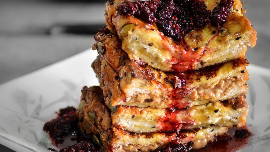 Peanut Butter & Jelly (Stuffed French
Toast) · Delicious French toast cooked to perfection and stuffed with Peanut butter & Jelly.