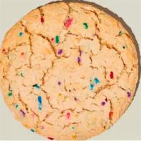 Confetti Cookie · Fluffy, chewy, sugary, and buttery, with a B’day punch of vanilla and rainbow sprinkles.