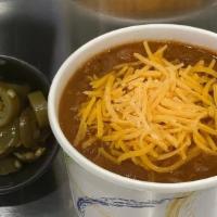 Chili Large · Homemade Chili 8oz topped with shaved cheddar and jalapeno