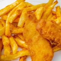 Fish And Chips · Two pieces of crispy beer battered cod fish served with fries and side of tartar sauce.