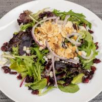 Cranberry & Almond Salad · Mixed greens, cranberry, almond, Gorgonzola, red onion, balsamic vinaigrette.