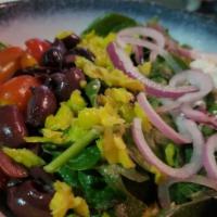 Tossed Greek · Gluten-free. Baby spinach, red onion, Feta cheese, kalamata olives, grape tomato, pepperonci...