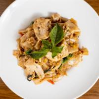 Drunken Noodles – “Pad Kee Mao” · Pad kee mao. Broad flat rice noodles sauteed with white onion, bell peppers, egg, chili pepp...