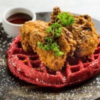 Fried Chicken & Hibiscus Waffle · Maple syrup.