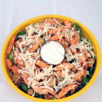 Buffalo Chicken Salad · FRESH, ORGANIC ROMAINE LETTUCE TOPPED WITH BUFFALO CHICKEN,  PEPPER JACK CHEESE, CELERY AND ...