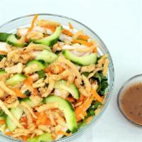 Thai Chicken Salad · FRESH, ORGANIC ROMAINE LETTUCE AND RED CABBAGE TOPPED WITH GRILLED CHICKEN, CARROTS, CELERY ...