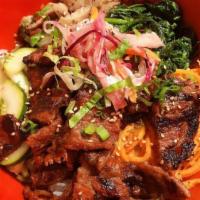 Galbi Bowl · Premium short rib Korean BBQ rice bowl. Comes with sautéed mushroom, carrot, spinach and zuc...