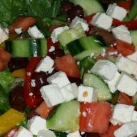 Greek Salad · Romaine lettuce, peppers, tomatoes, cucumbers, feta cheese and black olives. If customers wa...