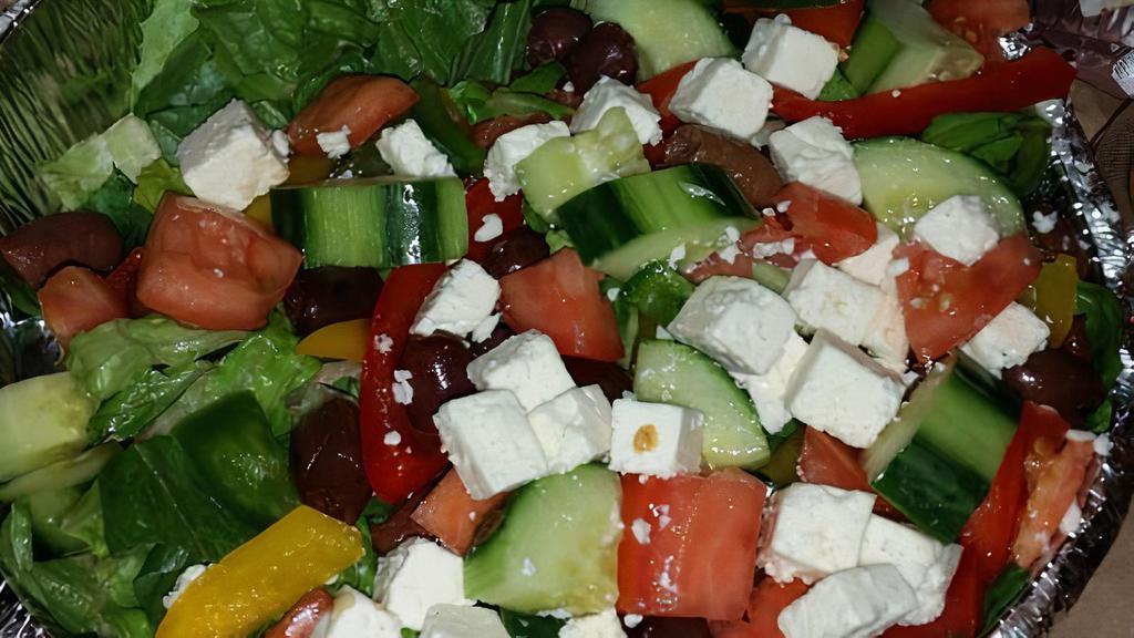 Greek Salad · Romaine lettuce, peppers, tomatoes, cucumbers, feta cheese and black olives. If customers want chicken it’s $2.99 extra or avocado it’s $1.99 extra