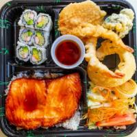 Salmon Teriyaki, California Roll And Tempura Bento Box · 