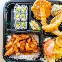 Chicken Teriyaki, California Roll And Tempura Bento Box · White meat chicken teriyaki available for an additional charge.