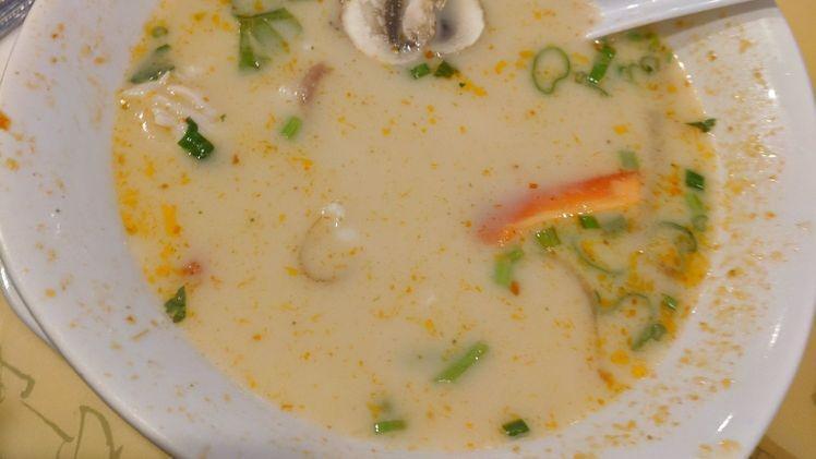 Tom Kha Gai (Spicy Chicken Soup) · Spicy Thai coconut milk soup with chicken, mushroom, cilantro, lime juice, and galangal soup.